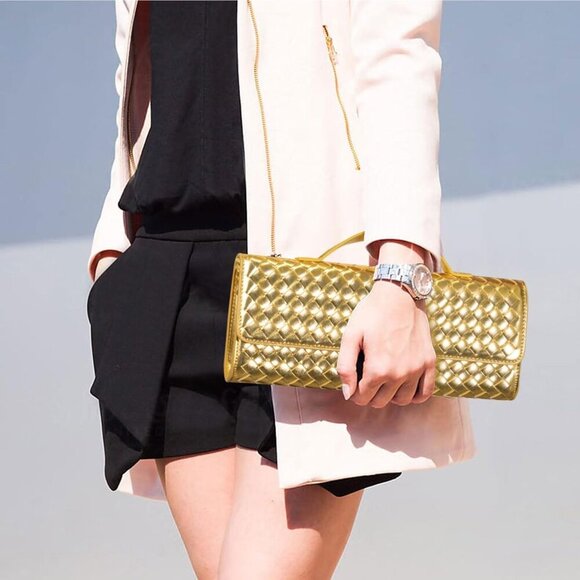 🆕Woven Clutch Purses for Women Gold Leather Evening Bag Shoulder Handbag - Picture 2 of 6